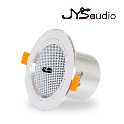 Silver jysaudio mini ceiling speaker 12w hifi stereo with perforated grille and orange tabs for public address background use