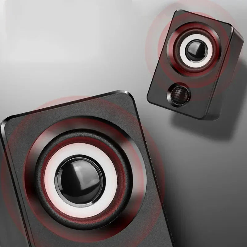 Black rectangular mini computer speaker usb wired with red and white accents for sound surround portable use
