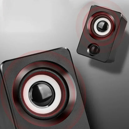 Black rectangular mini computer speaker usb wired with red and white accents for sound surround portable use