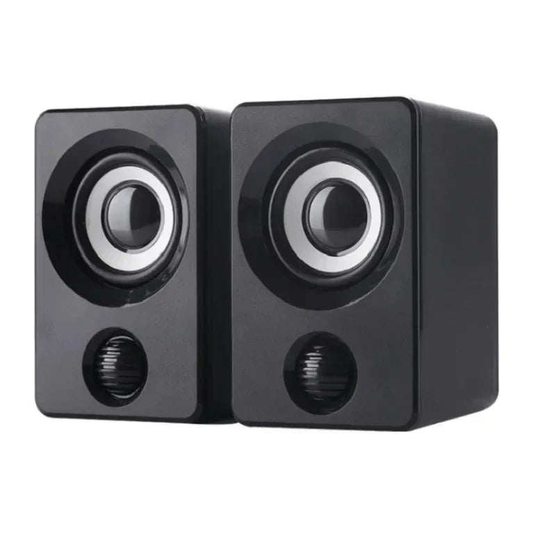 Black rectangular mini computer speaker usb wired with silver-rimmed drivers and sound surround portable design