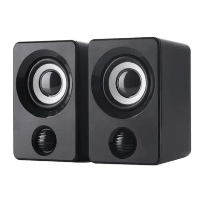 Black rectangular mini computer speaker usb wired with silver-rimmed drivers and sound surround portable design