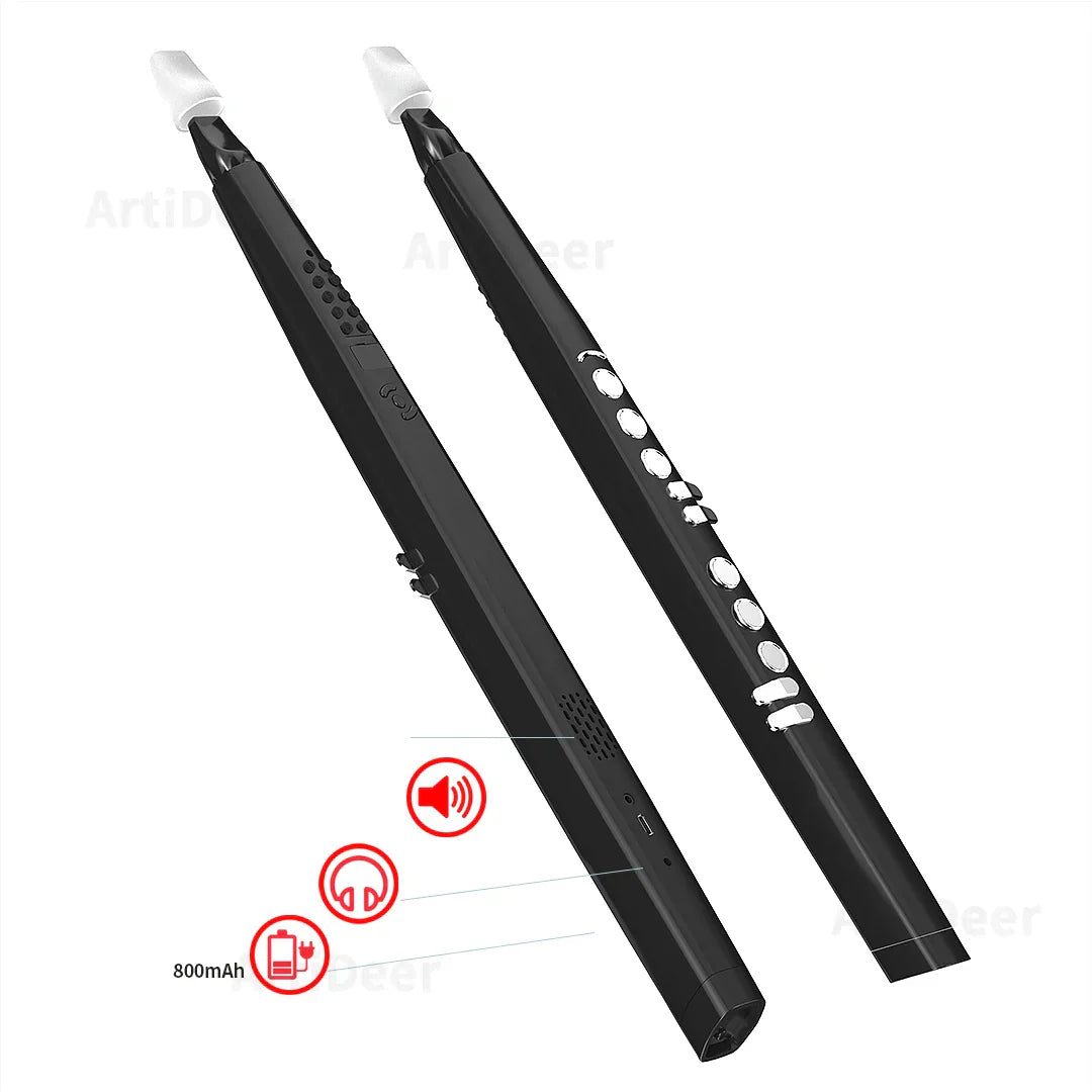 Black sleek handheld bluetooth speaker with slim design and multiple control buttons for electronic wind saxophone use