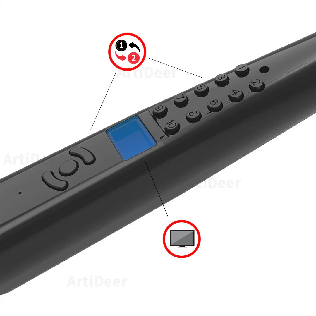 Black electronic wind saxophone remote control with blue display and numbered buttons for blowpipe sax flute use