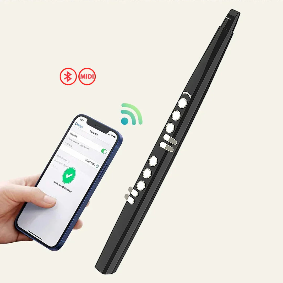 Black electronic wind saxophone blowpipe sax flute with white silver keys designed for bluetooth and midi connectivity