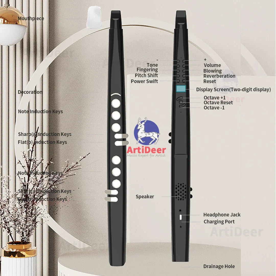 Black artideer electronic wind saxophone with white circular keys and digital display for professional music use