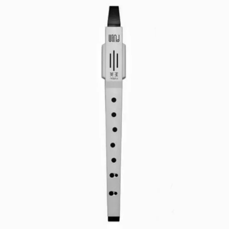 Silver-colored sleek digital pocket flute with black finger holes and matte finish wood instrument imitation sound device