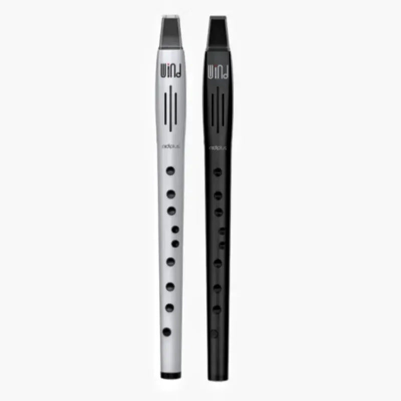 Two sleek mini digital pocket flutes in matte silver and glossy black with wood instrument imitation and wind branding