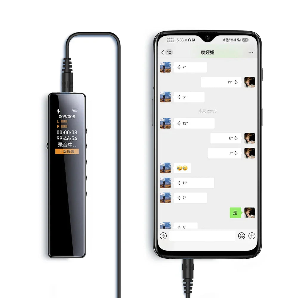 Black rectangular mini digital voice recorder with glossy finish and display screen featuring 1536kbps hd recording for lawyer legal evidence and surround sound business use