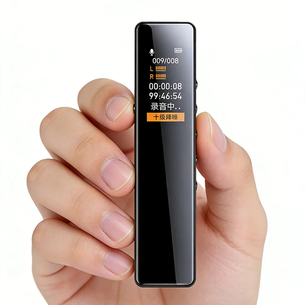 Black slim digital voice recorder with glossy finish and illuminated screen featuring 1536kbps hd recording for lawyer legal evidence and surround sound business use