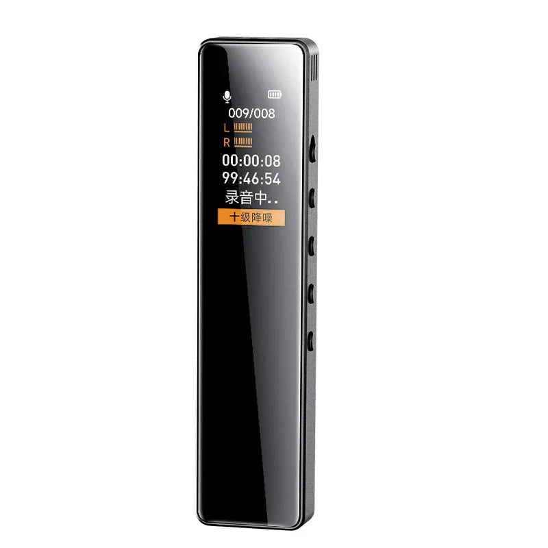 Black sleek mini digital voice recorder with glossy finish and illuminated display for 1536kbps hd recording and lawyer legal evidence