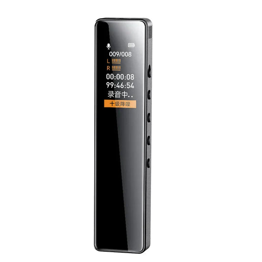 Black sleek mini digital voice recorder with glossy finish and illuminated display for 1536kbps hd recording and lawyer legal evidence