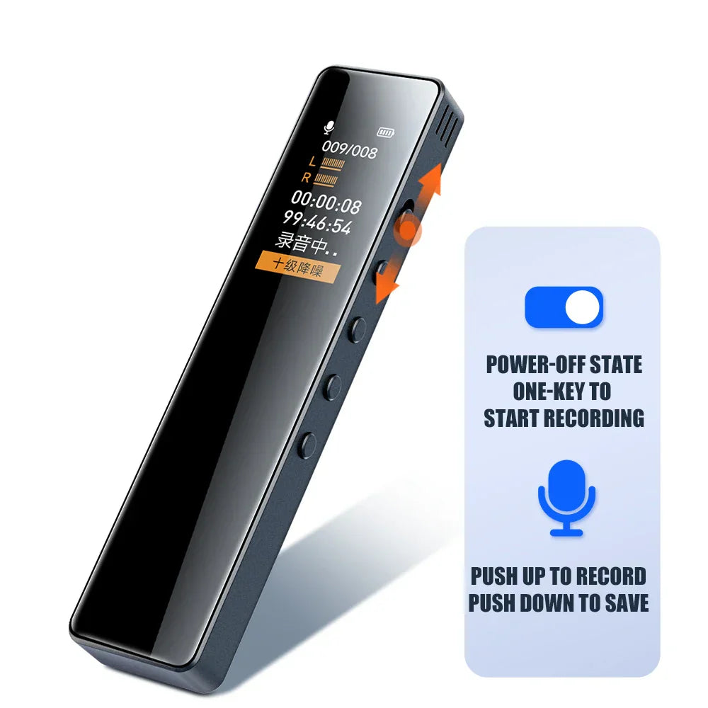 Black sleek mini digital voice recorder with illuminated screen featuring 1536kbps hd recording and surround sound business use