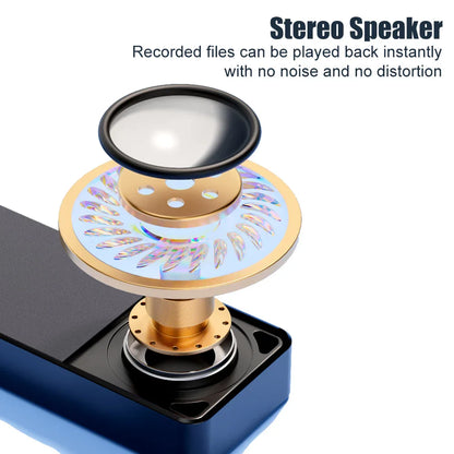 Gold-colored mini digital voice recorder with black top and iridescent petals featuring 1536kbps hd recording surround sound business use for lawyer legal evidence