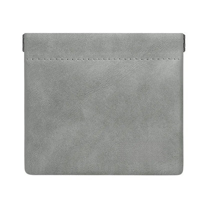 Gray textured mini earphone storage bag with subtle stitching metallic side clasps pocket waterproof dustproof data cable organizer
