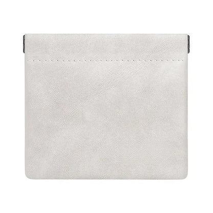 Minimalist white faux leather earphone storage bag with subtle stitching and metallic clasps for pocket waterproof dustproof use