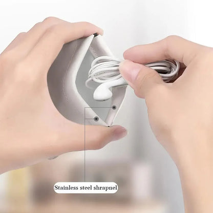 White leather earphone storage bag with stainless steel fasteners, pocket waterproof dustproof data cable organizer