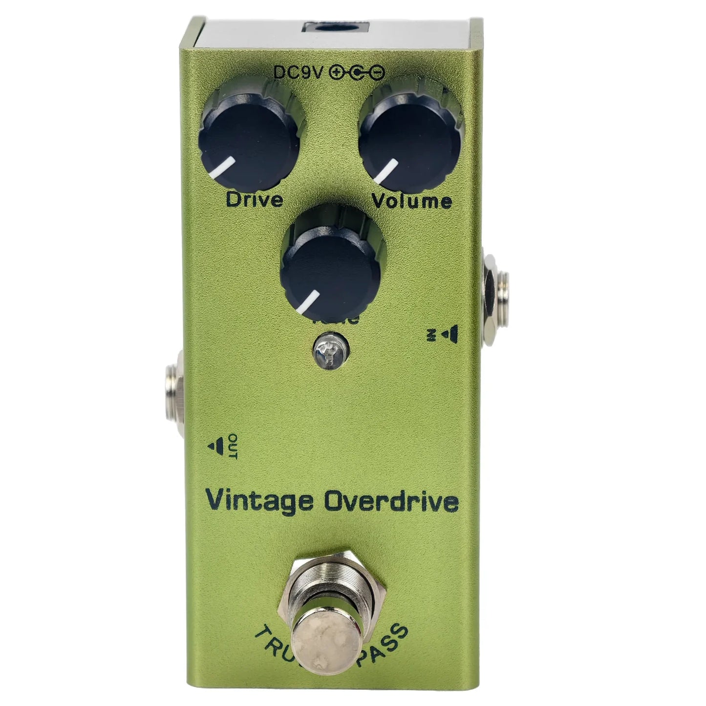 Olive green metal vintage mini electric guitar overdrive pedal with true bypass design minimizes tone loss and has three knobs