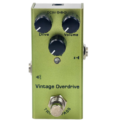 Olive green metal vintage mini electric guitar overdrive pedal with true bypass design minimizes tone loss and has three knobs