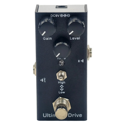 Black metal mini electric guitar effect pedal with true bypass design gain level knobs and high low toggle switch minimizes tone loss