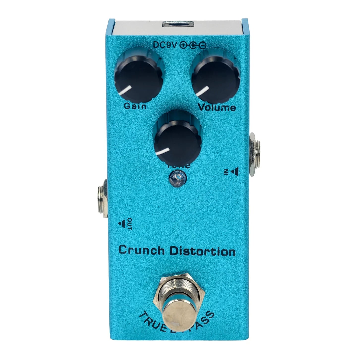 Turquoise metallic mini electric guitar effect pedal with true bypass design minimizes tone loss and features crunch distortion