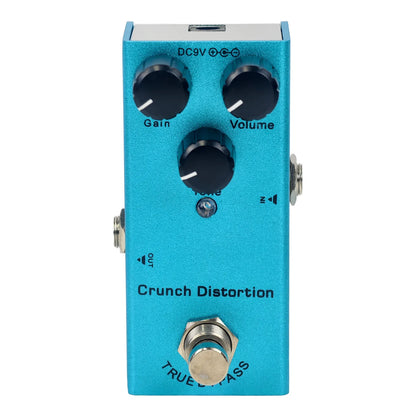 Turquoise metallic mini electric guitar effect pedal with true bypass design minimizes tone loss and features crunch distortion