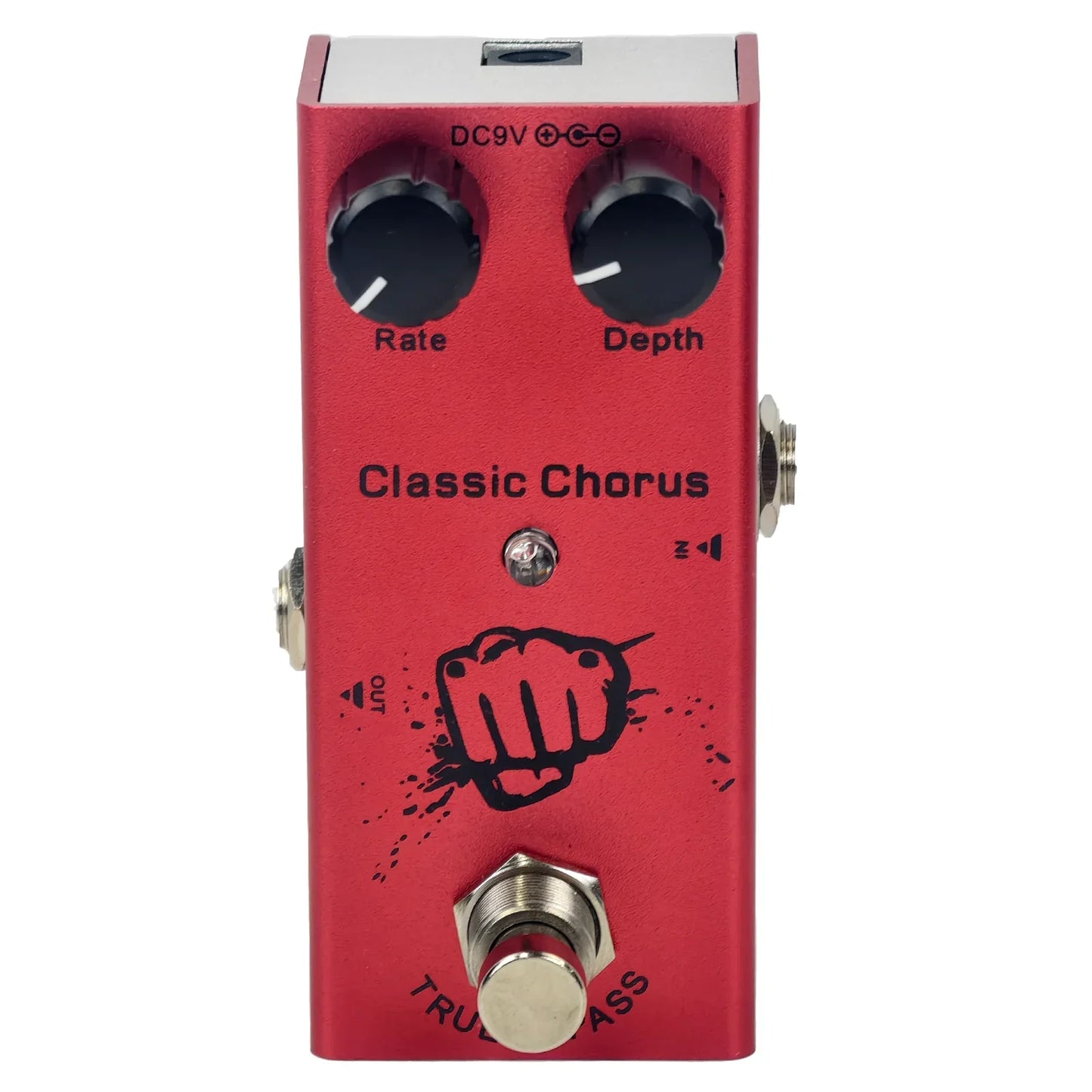 Red metal mini electric guitar effect pedal with black knobs and true bypass design minimizes tone loss