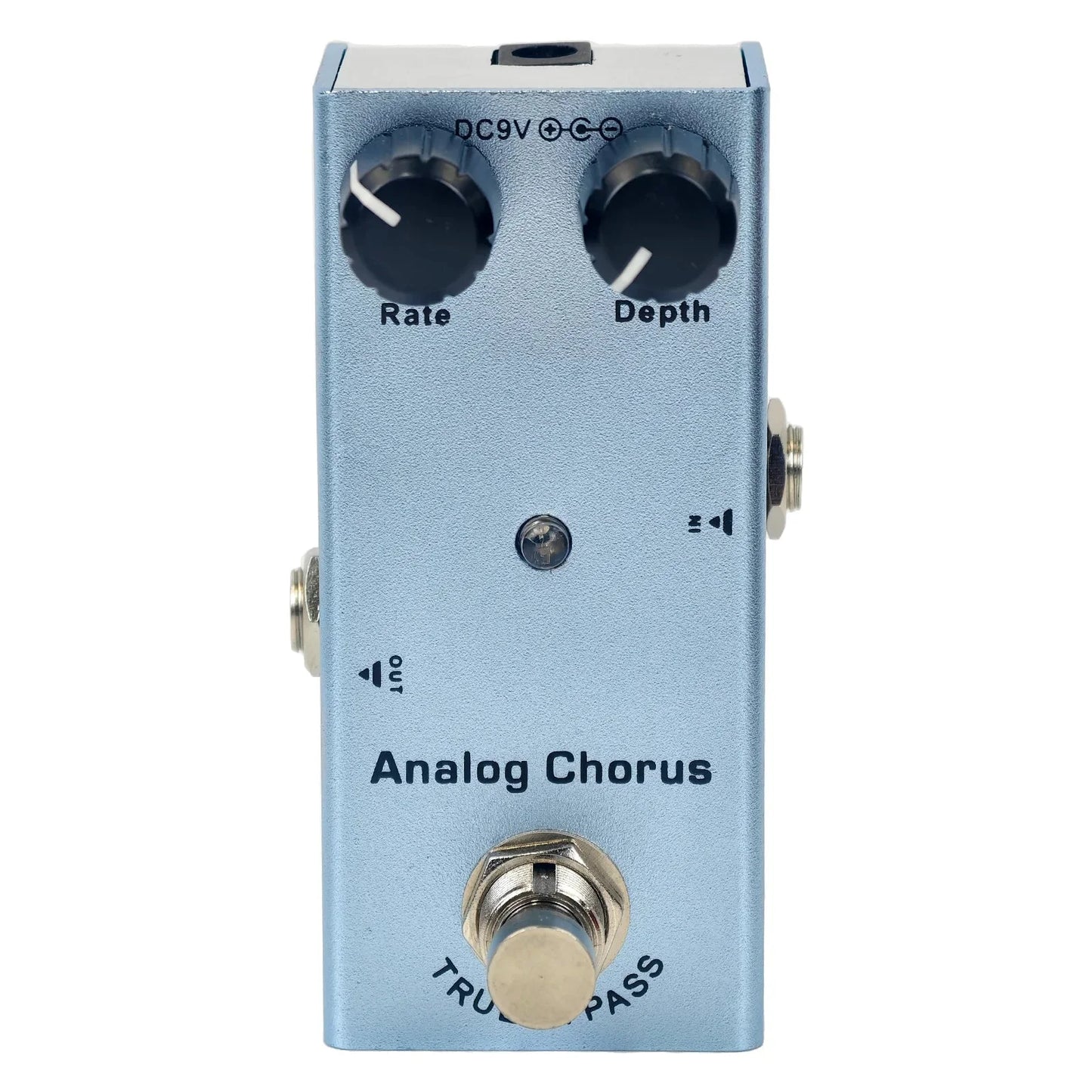 Light blue metal mini electric guitar effect pedal with true bypass design minimizes tone loss and features rate depth knobs