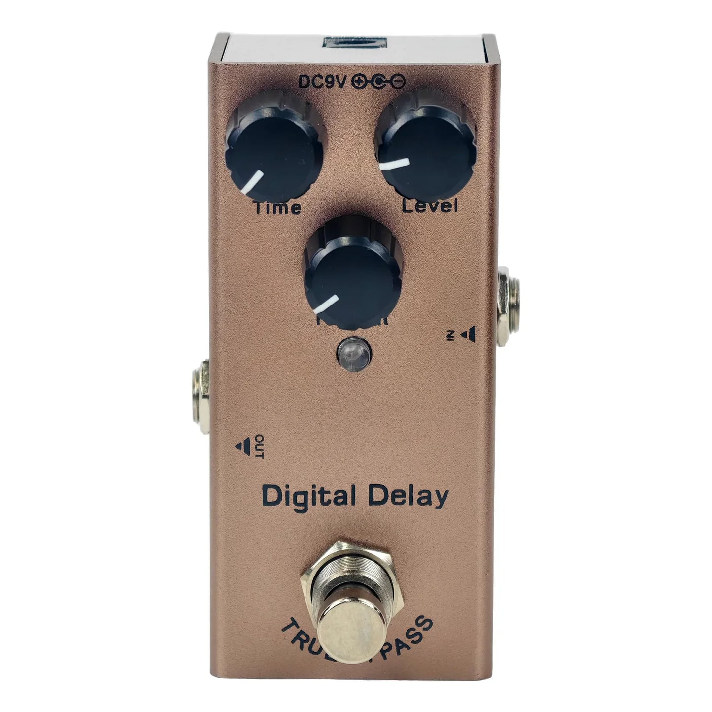 Bronze-colored digital delay mini electric guitar effect pedal with true bypass design minimizes tone loss and features three black knobs