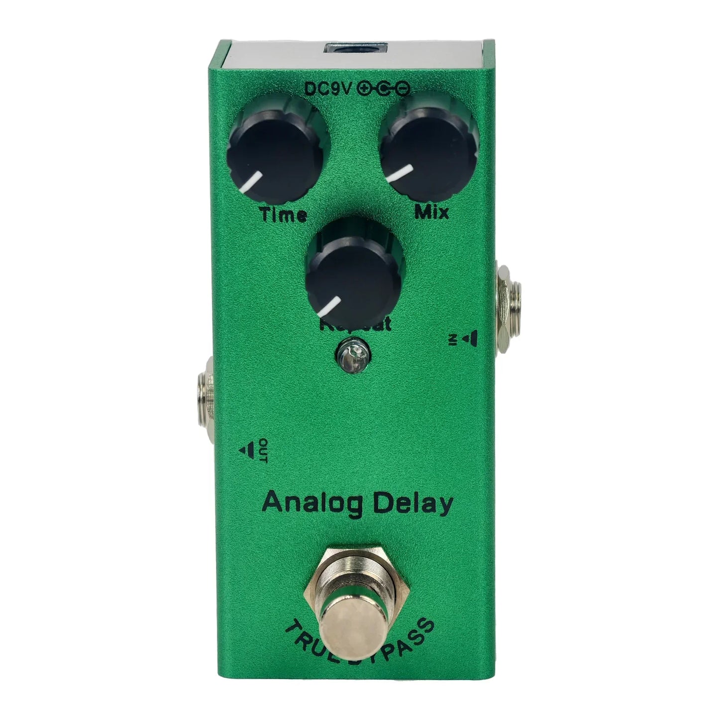 Green metal analog delay pedal with true bypass design minimizes tone loss featuring time mix and repeat knobs