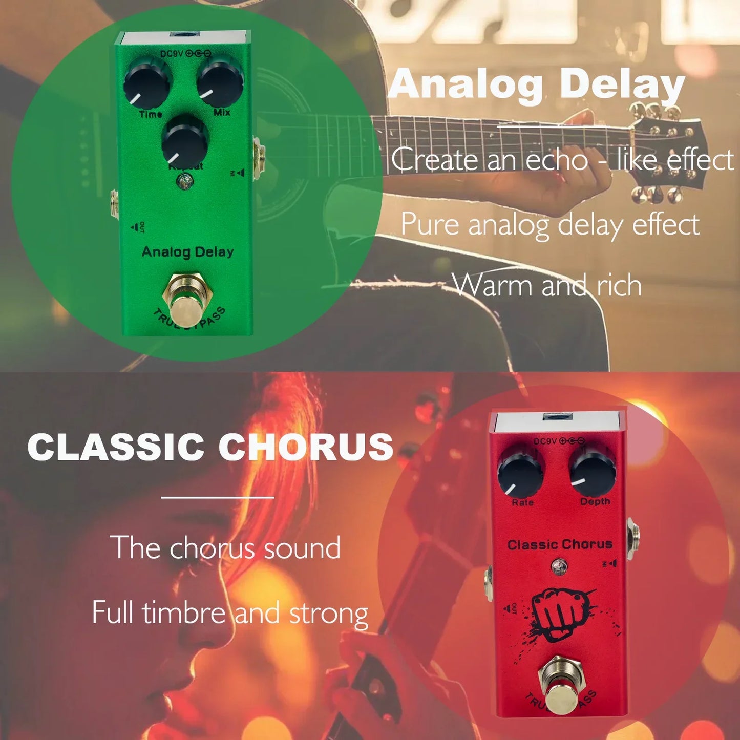 Green and red analog guitar effect pedals with true bypass design minimize tone loss for vintage chorus and delay sounds