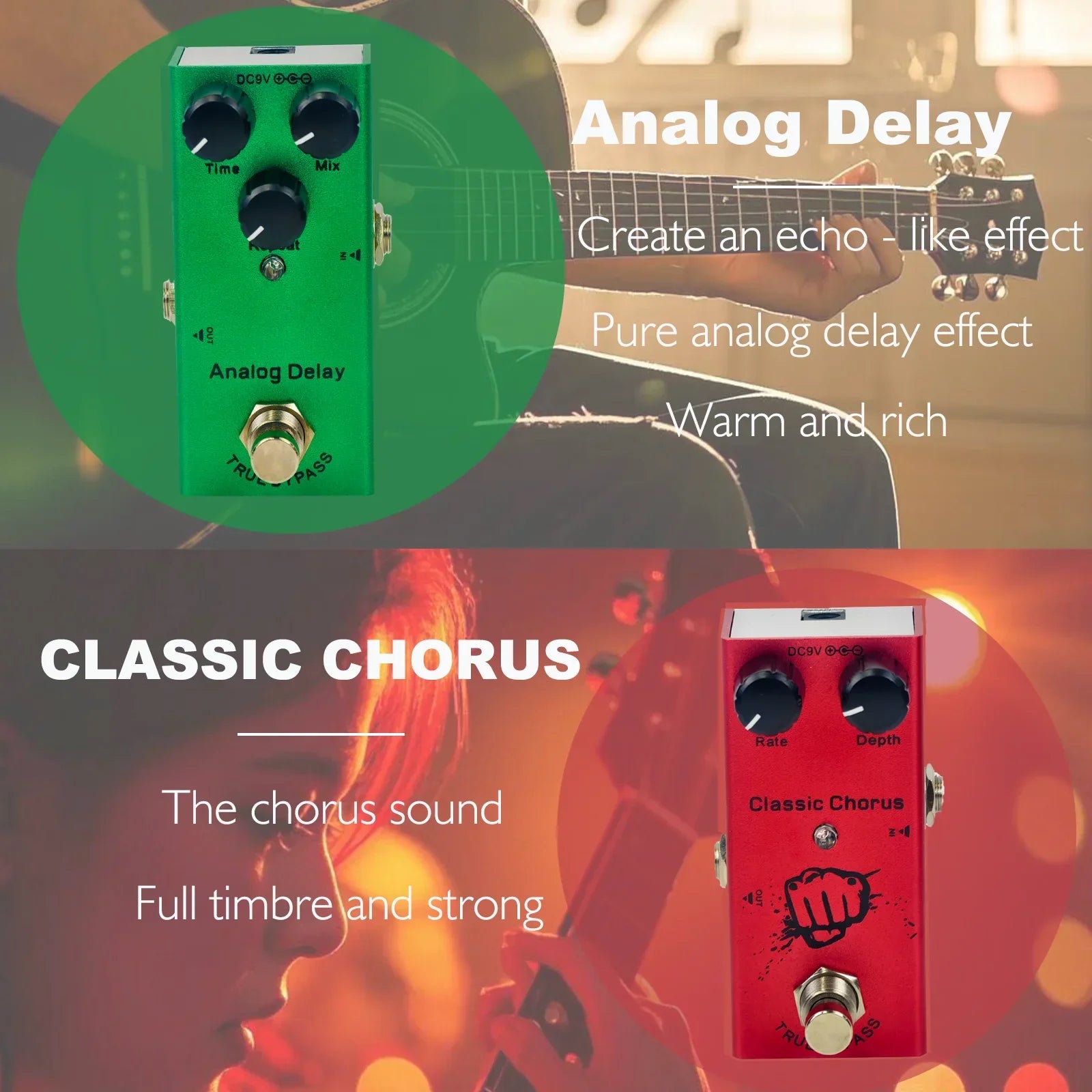 Green and red analog guitar effect pedals with true bypass design minimize tone loss for vintage chorus and delay sounds