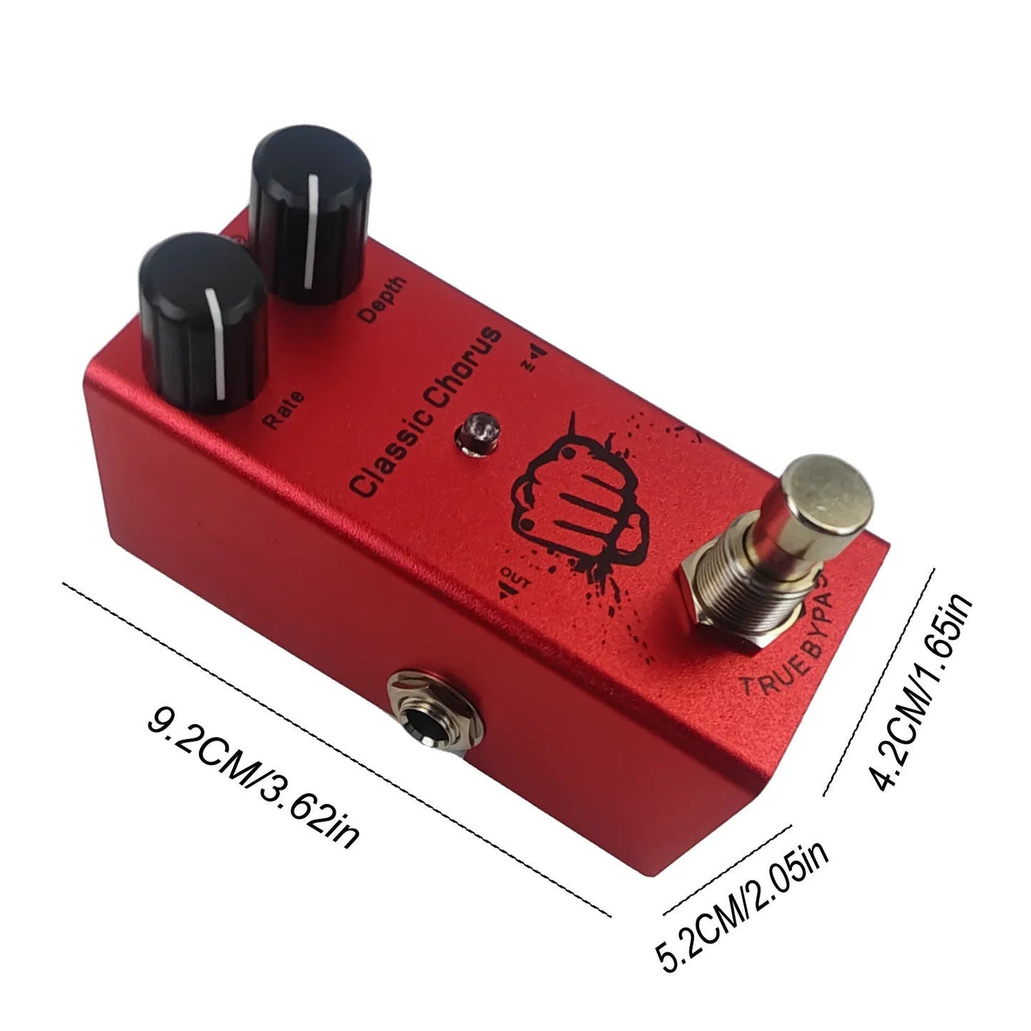 Red metal mini electric guitar effect pedal with black knobs and fist graphic featuring true bypass design minimizes tone loss