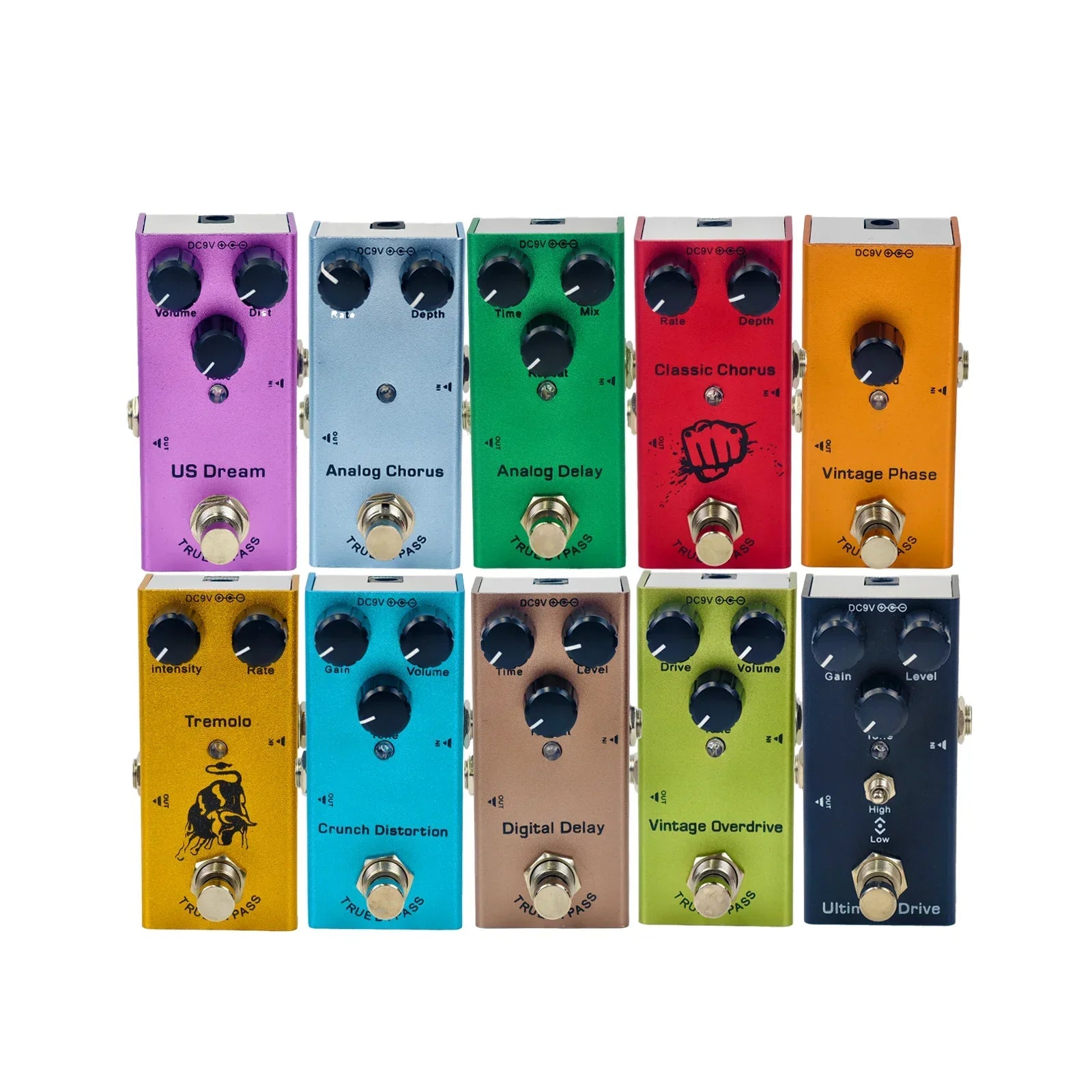 A set of ten colorful mini electric guitar effect pedals with true bypass design minimizes tone loss and enhances sound quality
