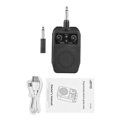 Black joyo ja-195g mini electric guitar speaker with two control knobs and telescoping antenna for portable use