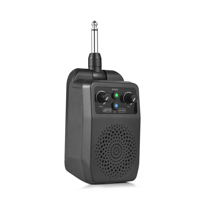 Black plastic mini electric guitar speaker with telescopic antenna, tone and volume knobs, led indicator light, portable amp