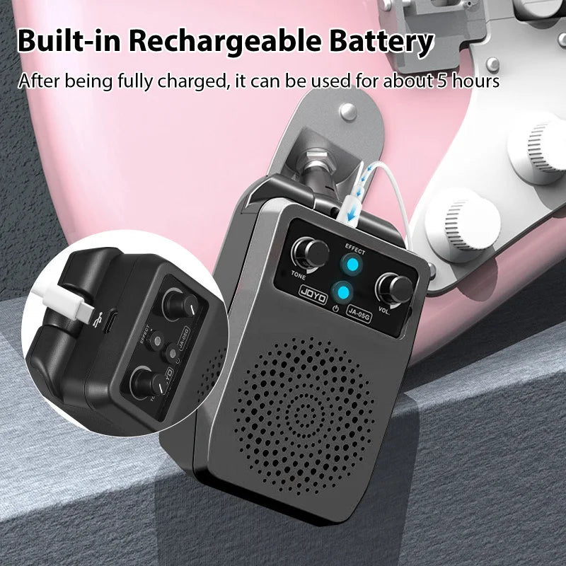 Gray joyo ja-860 mini electric guitar speaker with built-in rechargeable battery and tone effect volume control knobs