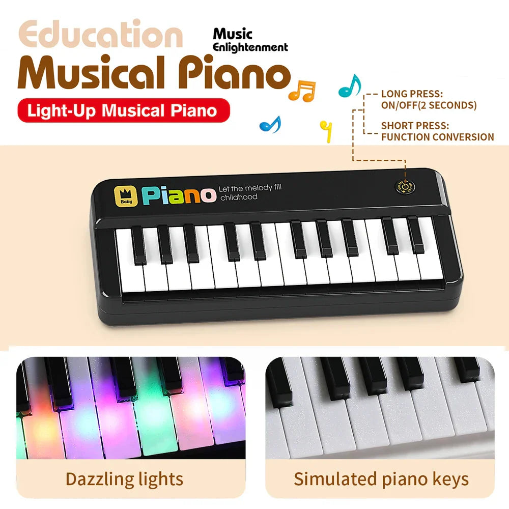 Mini electronic keyboard piano for kids with 24 black and white light-up keys colorful led illumination toddler piano multifunction musical educational instrument toy
