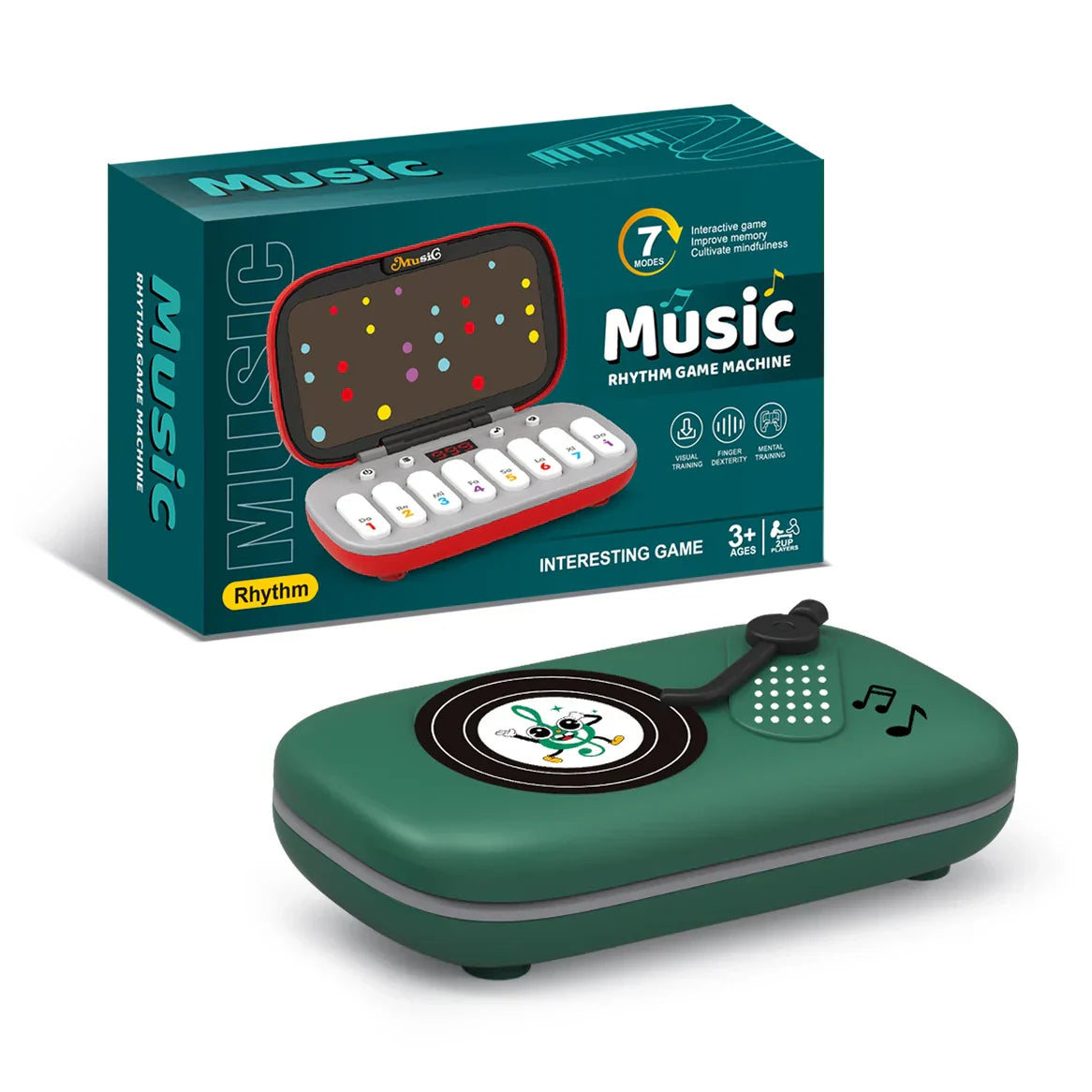Green plastic rhythm game machine with black circular display and white buttons, a mini electronic keyboard educational piano instrument