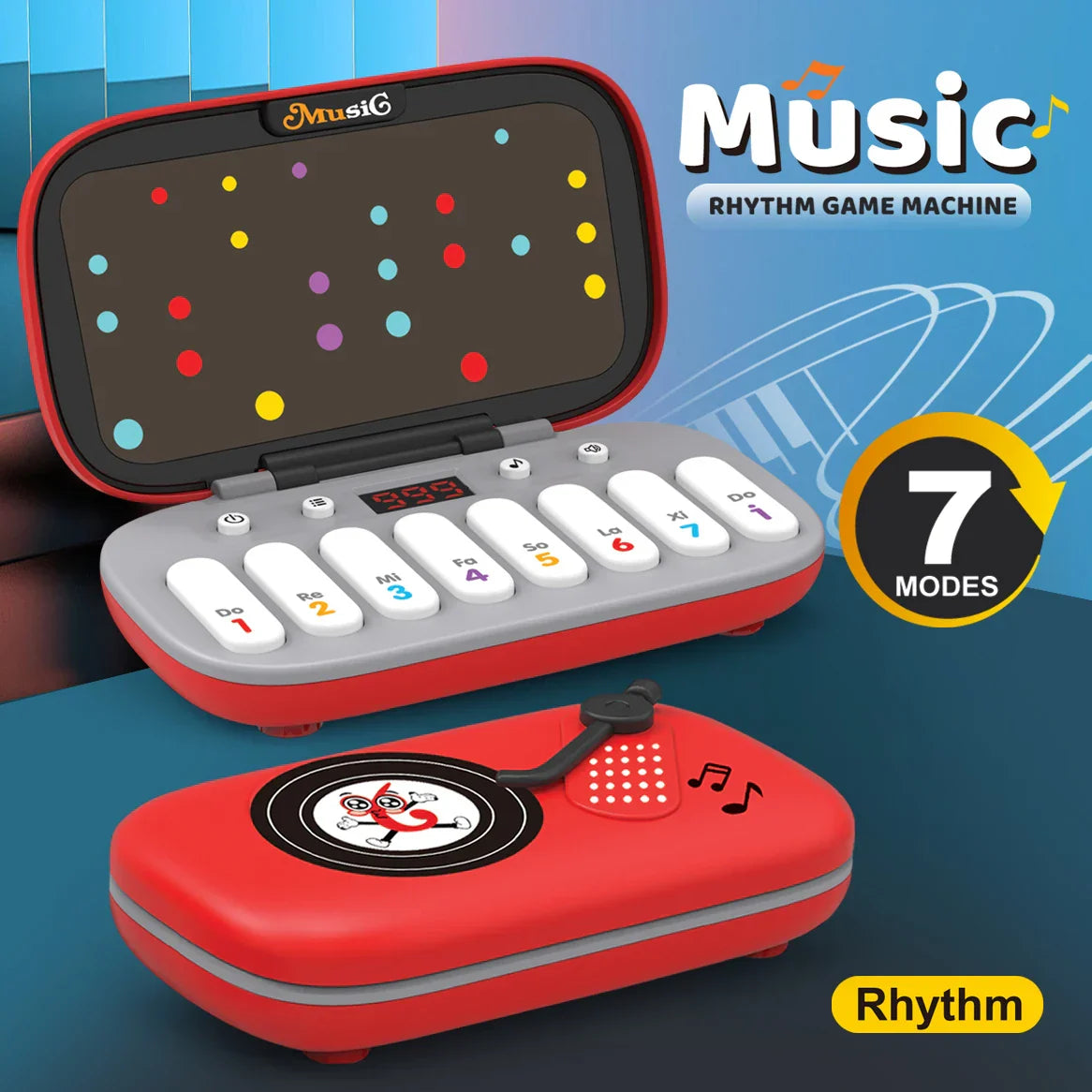 Red and gray mini electronic keyboard rhythm game machine with colorful dot display and labeled piano keys for education