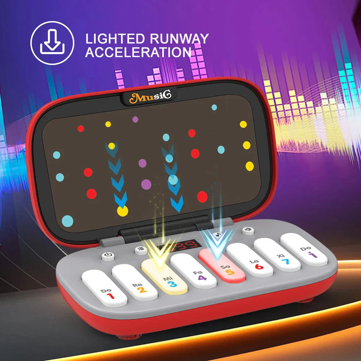 Red and gray mini electronic keyboard toy with colorful illuminated notes on screen educational piano instrument