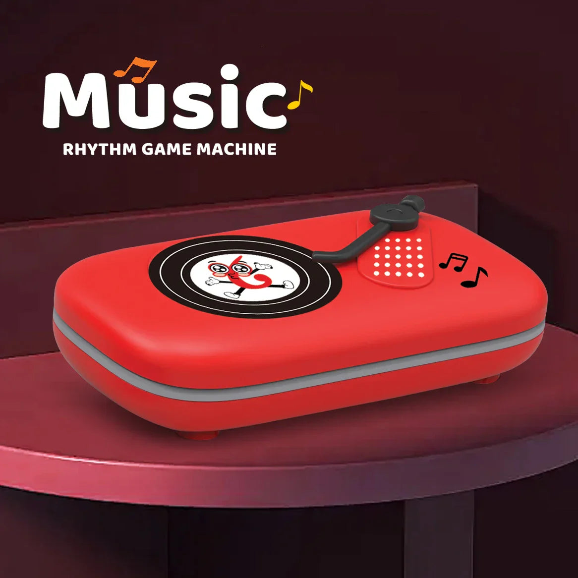 Red vinyl rhythm game machine with cartoon character and musical note decals is a mini electronic keyboard educational piano instrument