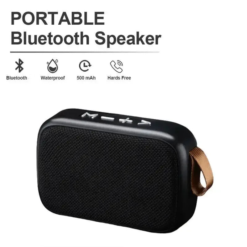 Black mini fabric portable bluetooth speaker with textured grille and tan strap for outdoor indoor use