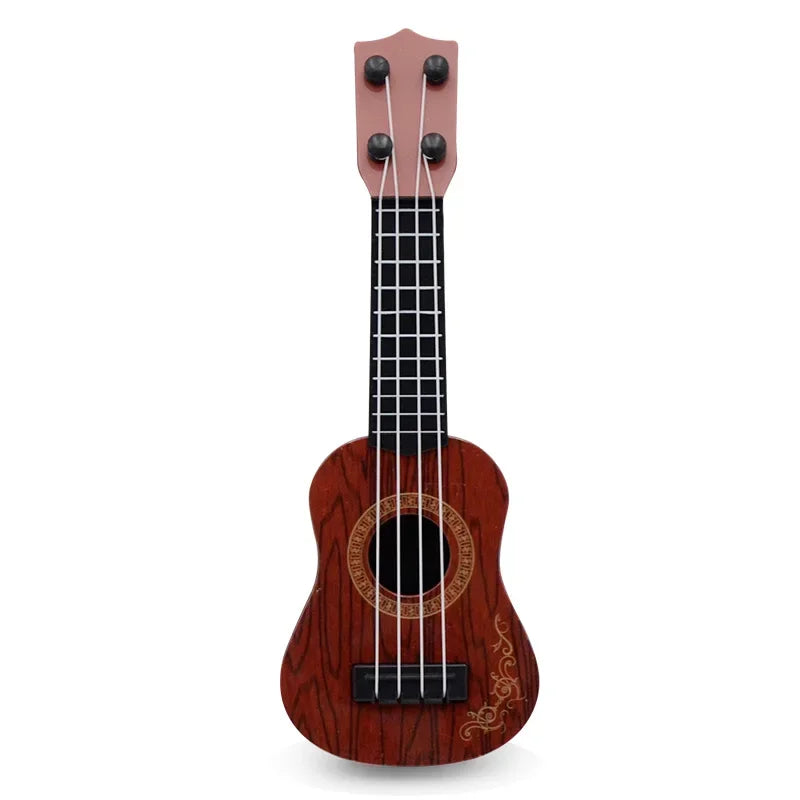 Miniature wooden strings classical ukulele with reddish-brown finish and gold inlay for kids children beginners