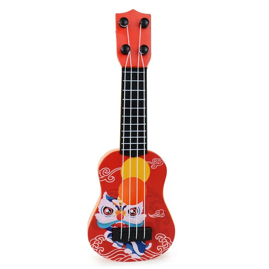 Red plastic mini guitar 4 strings classical ukulele with cartoon lion face and chinese cloud patterns for kids children beginners
