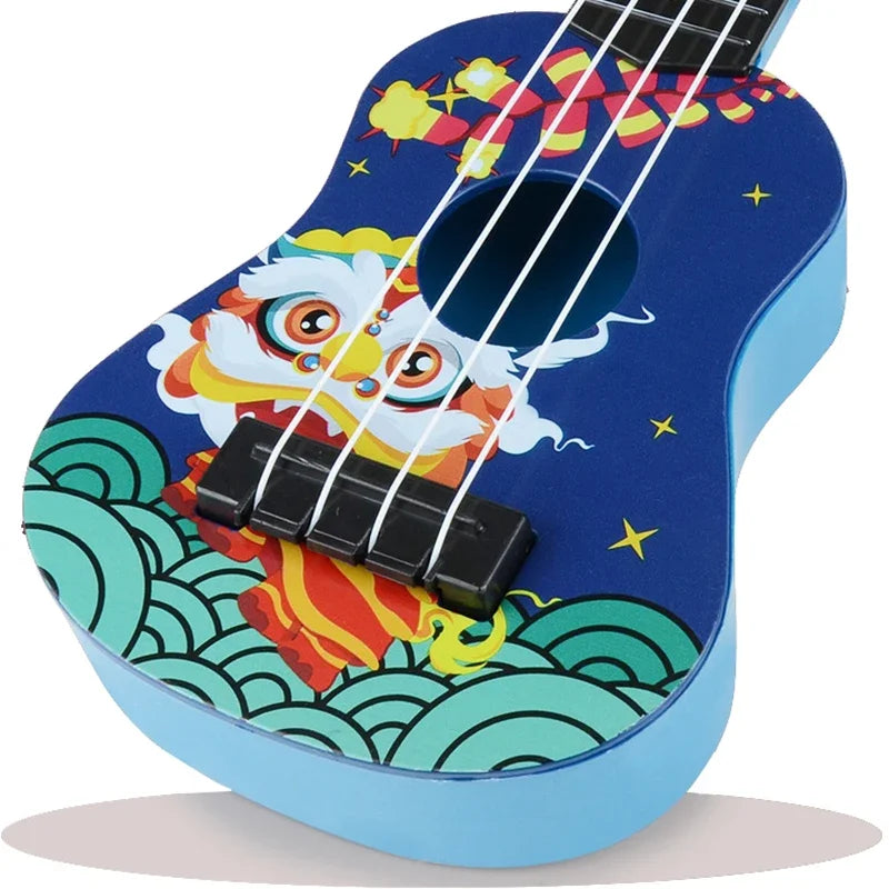 Blue mini guitar 4 strings classical ukulele guitar with colorful cartoon lion dance design for kids children beginners