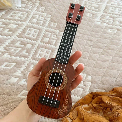 Mini guitar four strings classical ukulele with reddish-brown wood finish and gold inlay for kids children beginners