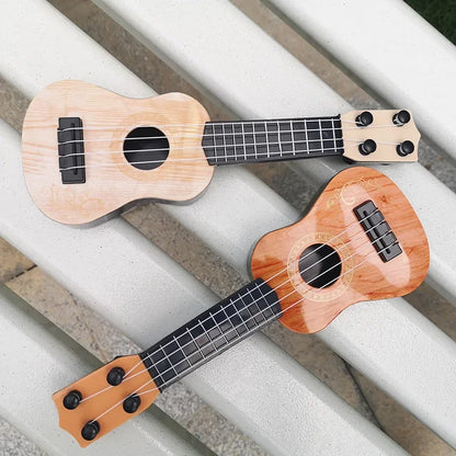 Two mini guitars 4 strings classical ukulele toy for kids children beginners with natural and ornate wood finish designs