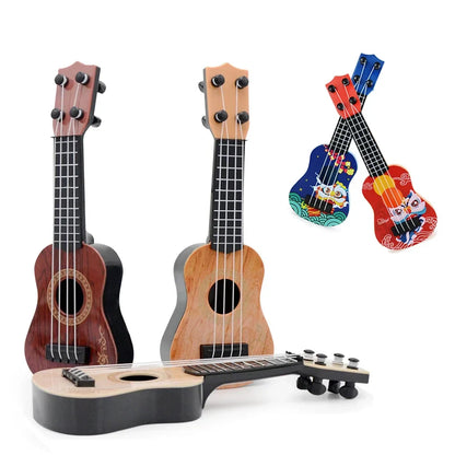 Wooden strings classical ukulele mini guitar with black fretboards and natural reddish-brown and light oak finishes for kids beginners