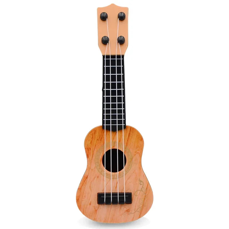 Light brown wooden mini classical ukulele guitar with black tuning pegs for kids children beginners educational use