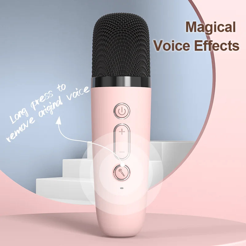 Pink handheld karaoke wireless microphone with black mesh grille and silver buttons for kids portable speaker use